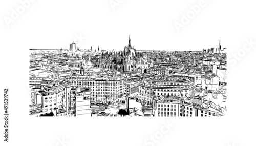 Building view with landmark of Milan is the 
city in Italy. Hand drawn sketch illustration in vector.