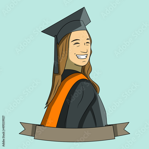 Happy University graduate girl in black dress on blue background. Flat design vector illustration