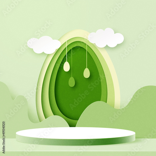 Happy Easter background.Paper art of Product display podium mockup, Banner template design.Vector illustration.