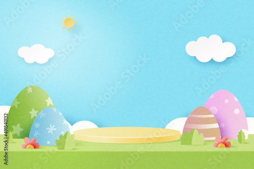 Happy Easter background.Paper art of easter eggs and rabbit with cloud on blue sky background.Product display podium mockup, Banner template design.Vector illustration.