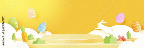 Happy Easter background.Product display podium mockup, Banner template design.Paper Art Vector illustration.