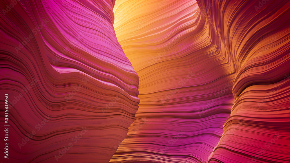Abstract 3D Render with Natural, Rippled Forms. Trendy Pink and Yellow ...
