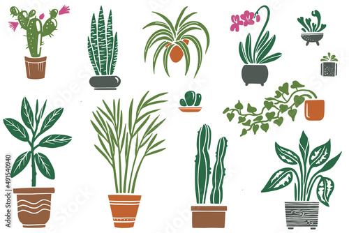 Set of home flowers  in pots. Vector silhouette illustration for flower shop, sketchbook, cover designs. Room flowers on white background.