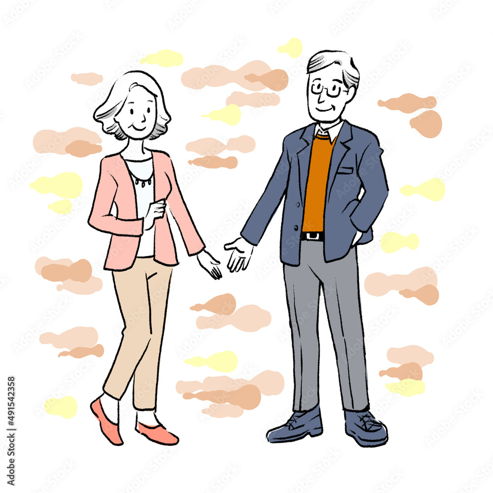 背景付きのポーズをとる男女のシニアの全身イラスト 背景付きのポーズをとる男女のシニアの全身イラスト