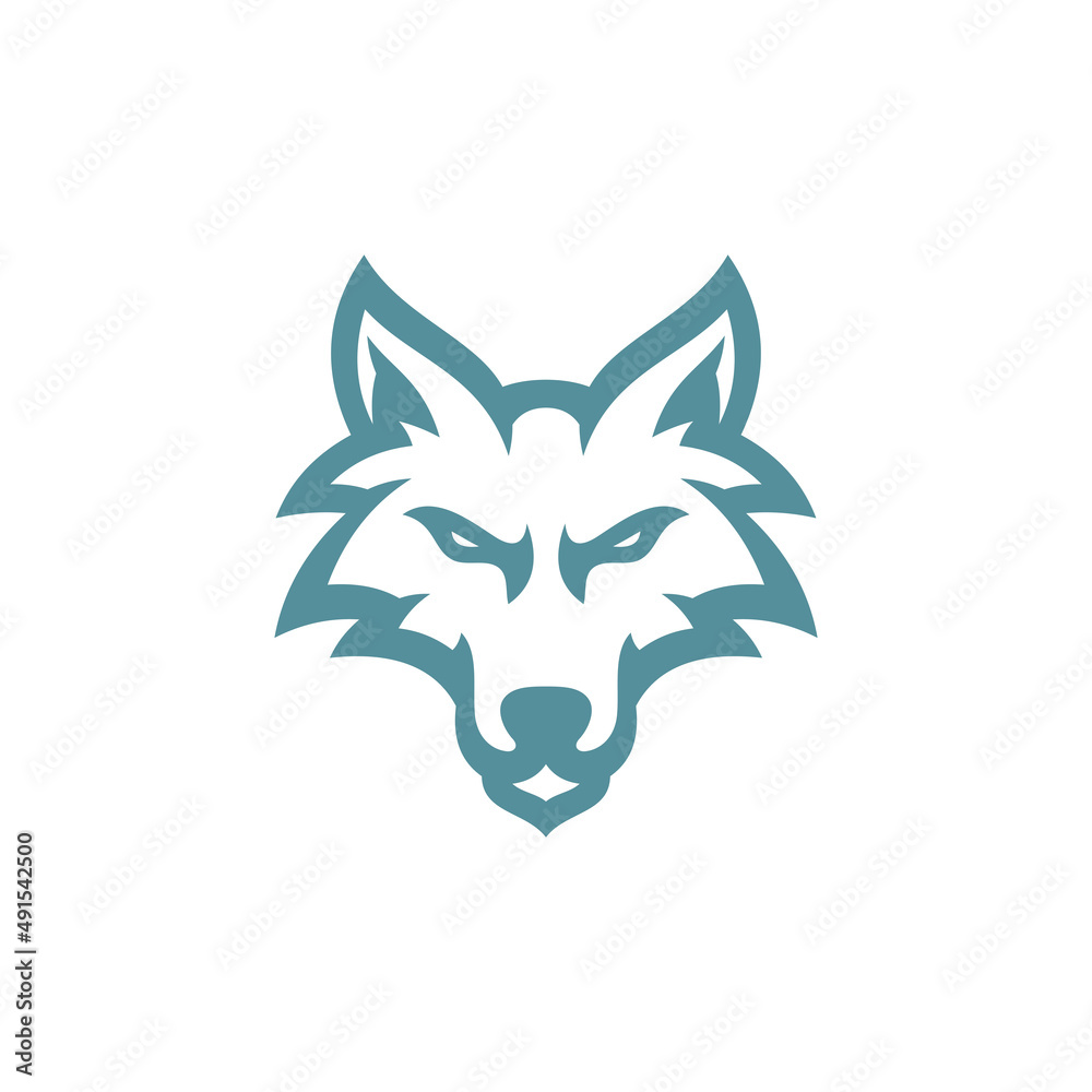 Line art outline wolf head logo design, wild dog wolf coyote face vector icon