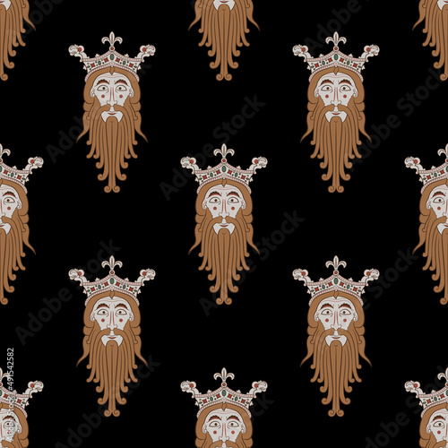 Seamless vintage pattern with heads of bearded men in royal crowns. Norse god Woden or Odin. On black background.