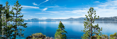 Lake Tahoe panorama, view from east shore on Sierra Nevada snowy mountains