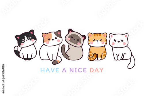 Fototapeta Naklejka Na Ścianę i Meble -  Cute Cat Greeting Drawing Cartoon Doodle Banner Card Background