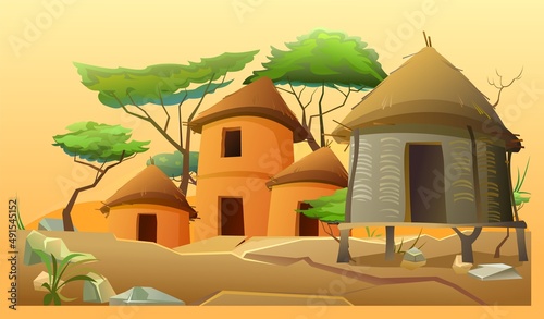 Africa village. Sunny hot yellow heat. Rural houses made of clay and straw. African landscape. Acacia trees. Vector