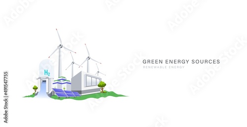 Green energy power plant with solar, hydro, hydrogen and wind source background concept. Clean electric energy and renewable source for future sustainable world vector illustration.