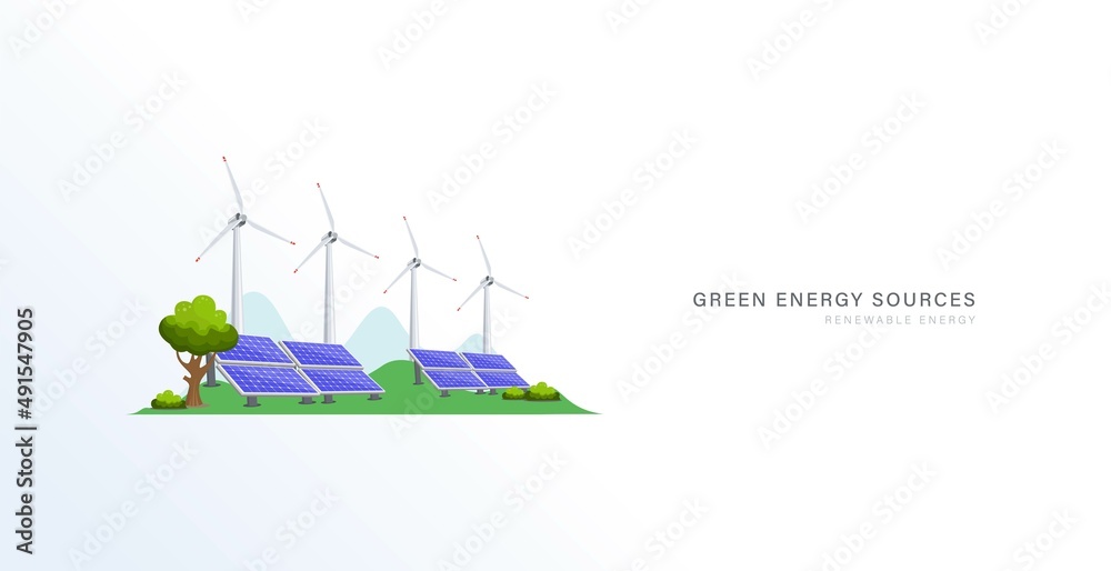 Solar and wind energy power plant for green electric industry vector ...