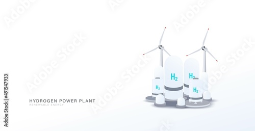 Hydrogen (H2) green power plant concept vector illustration. Renewable energy for clean electric industry and ecology friendly concept.