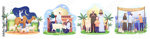 Set of Happy Muslim family celebrates Eid Al Adha Mubarak with a goat in a front mosque. Flat style vector illustration photo