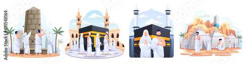 Set of Muslim couple is doing Islamic hajj pilgrimage. Flat style vector illustration