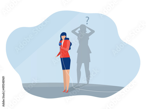 imposter syndrome, presenter woman with shadow himself for Anxiety and lack of self confidence at work vector