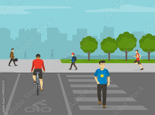 Pedestrian and cyclist crossing the shared road on pedestrian crossing marking. Shared-use path with crosswalk. City outdoor scene. Flat vector illustration template.