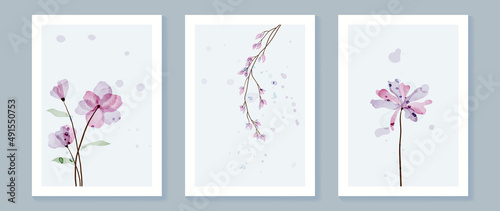 Abstract floral watercolor wall art template. Set of wall decor design with purple flower, leaves, foliage and blooms in watercolor texture. Spring season painting for wallpaper, cover and poster.