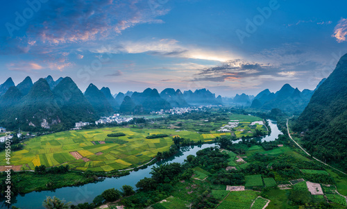 Aerial view of beautiful mountain and water natural scenery in Guilin  China. Guilin is a world famous tourist resort. Here are the most widely distributed karst landforms in China.