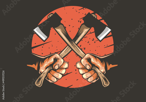 Axe holding in hand man lumberjack. woodman, carpenter.