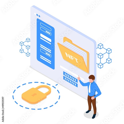 NFT web storage. Secure storage for non-fungible tokens. Isometric vector illustration on white background.