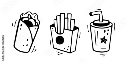 Fast food icons set - burrito, doner kebab, french fries, paper cup with drink. Hand drawn fast food combo. Comic doodle sketch style. Vector illustration