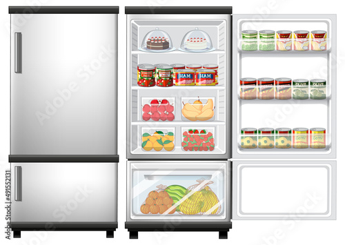 Refrigerator closed and opened door with lots of food