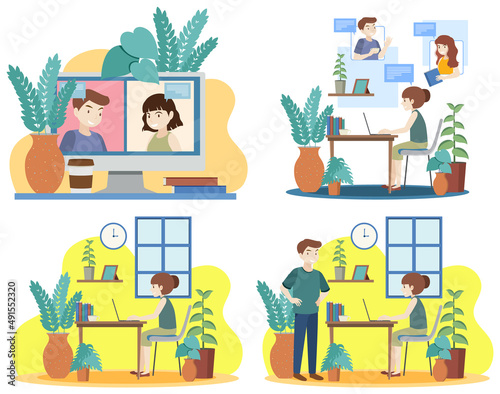 Four scenes of people working at home