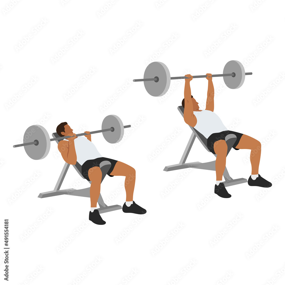 Man doing Incline Close grip barbell bench press exercise. Flat vector ...