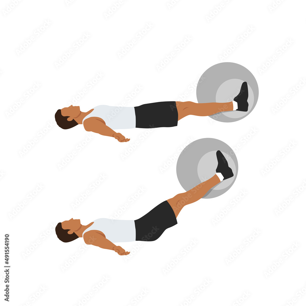 Man doing Swiss ball leg lifts  exercise. body weight lifts flat vector illustration