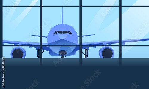 a large passenger plane is waiting for a flight. the view from the window of the waiting room. travel around the world, family and business travel. Graphic illustration in blue colors