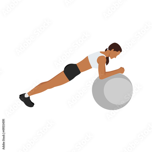 Woman doing Swiss ball plank. abdominals exercise flat vector illustration isolated on white background