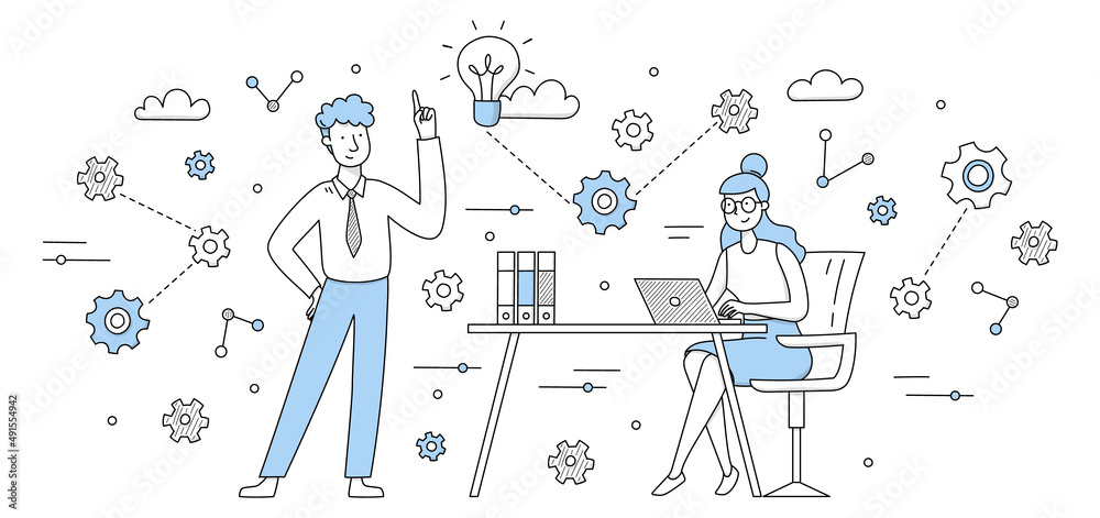 People work and do brainstorm in office. Concept of business idea, teamwork, team meeting. Vector doodle illustration of man and woman with laptop on workplace, light bulb and gears