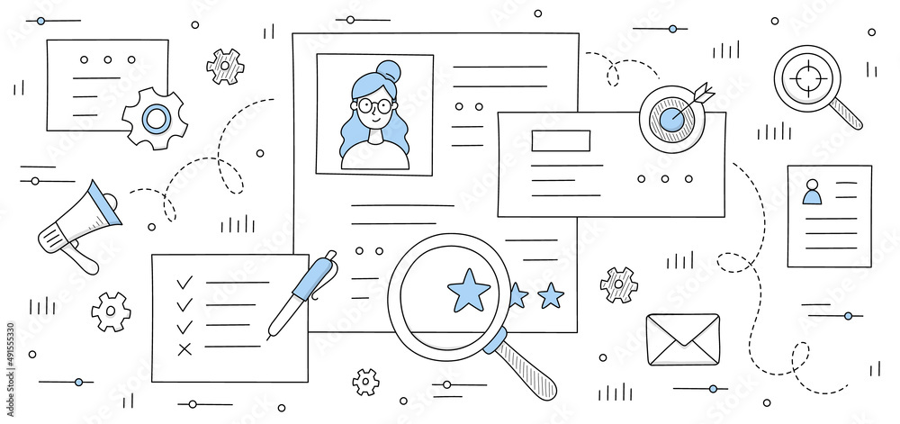 Job recruit doodle concept with applicant resume and outline business icons magnifier, pen, cv, loudspeaker, envelope, target with arrow. Interview, human resource search Line art vector illustration Job recruit doodle concept with applicant resume and outline business icons magnifier, pen, cv, loudspeaker, envelope, target with arrow. Interview, human resource search Line art vector illustration