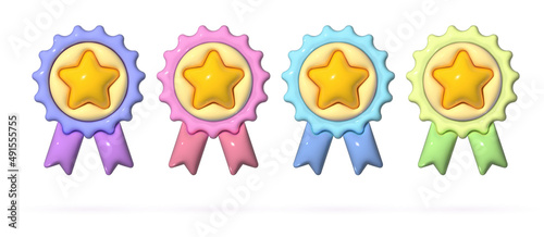 Winner medals with ribbon set in 3d cartoon style. Award rosette badge render. Soft pop vector design element