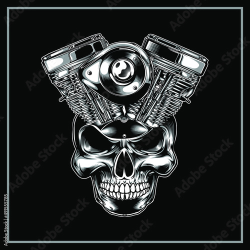 SKULL AND MACHINE OF MOTORCYCLE ILLUSTRATION