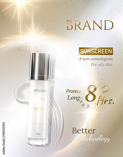 Sunscreen ads skin care and cosmetic on luxury golden theme beautiful gold white  light glitter decorations in 3d illustration.
