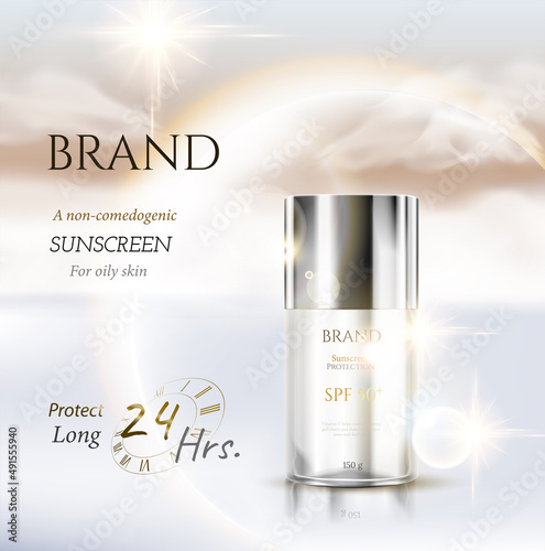 Sunscreen ads skin care and cosmetic on white cloud theme beautiful gold white sun light decorations in 3d illustration.