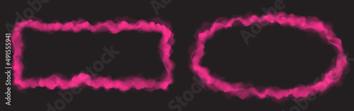 Pink smoke clouds frames isolated on black background. Vector realistic set of rectangular and oval borders with magic fog, dust or powder texture. Empty banners with color cloudy effect