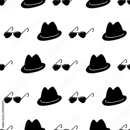 Detective, spy, mafia seamless pattern. Silhouette of black hat and sunglasses in a row on white background.