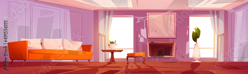 Old dirty living room in abandoned house. Vector cartoon illustration of empty home interior with mess, worn out furniture, broken wooden floor and fireplace need repair and renovation