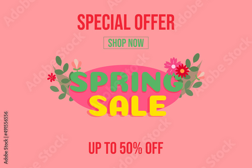 Horizontal spring sale. Special offer up to 50  with floral elements. Template for promo  marketing  advertising  web  shop  store. Flat vector illustration.