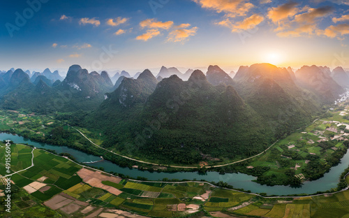 Fotografie, Tablou Aerial view of beautiful mountain and water natural scenery in Guilin, China