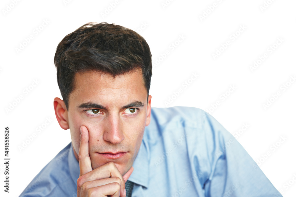 Looking towards the future. Studio shot of a young businessman looking thoughtful against a white background. Looking towards the future. Studio shot of a young businessman looking thoughtful against a white background.
