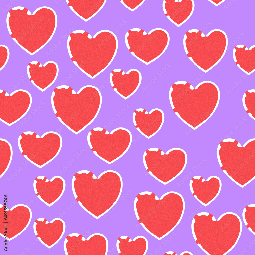 Seamless pattern of red hearts with a white stroke and texture on a lilac background for textile.