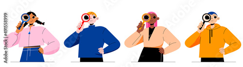 People with magnifying glasses. SEO or search engine optimization, internet website visibility, online marketing strategy, FAQ, query, investigation, information research Line art vector illustration