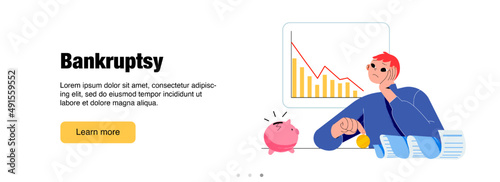 Bankruptcy poster with sad man loss money. Concept of financial problems, business debt and credit. Vector banner with flat illustration of depressed bankrupt person, broken piggy bank and down graph