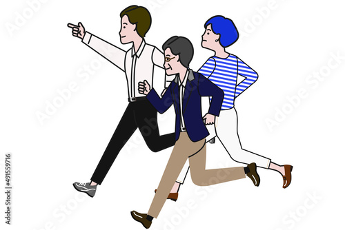 キャリアやチームワークをイメージさせる走る3人の働く人のイラスト
