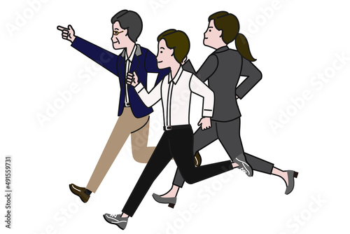 キャリアやチームワークをイメージさせる走る3人の働く人のイラスト