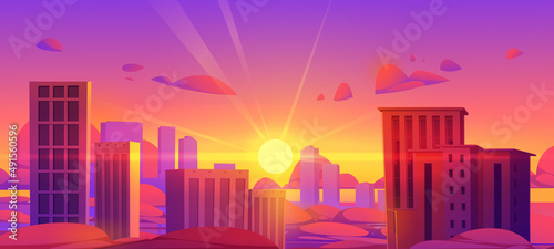 Sunset sky over city with clouds, skyscrapers and sun. Vector cartoon illustration of cityscape with high buildings, urban landscape with downtown towers at evening