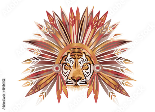 Tiger Häuptling mit Federschmuck in warmen Farben